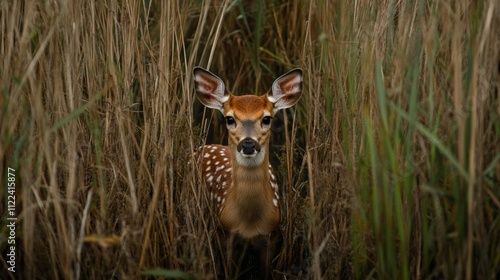 Young whitetail deer fawn watches intently from tall marsh grass during a summer day photo