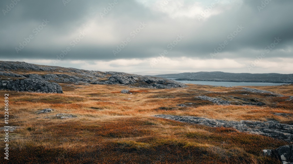 Obraz premium Landscape, nature, moody sky, rocky terrain with dry grass, scenic view of a remote area with cloudy atmosphere and muted colors of autumn foliage