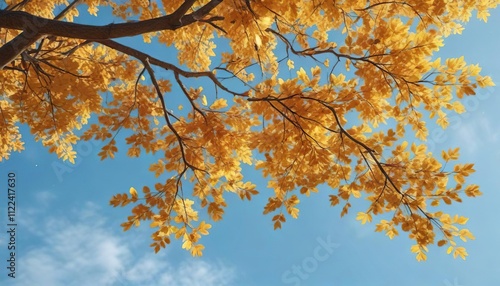 An entire branch covered in vibrant autumn gold leaves against a clear blue sky, autumn gold branch, colorful branches, seasonal changes photo