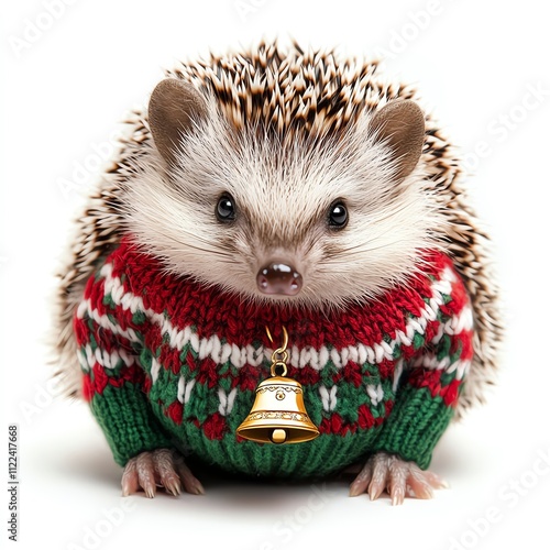 Adorable hedgehog in a festive sweater with a tiny bell on its neck. photo