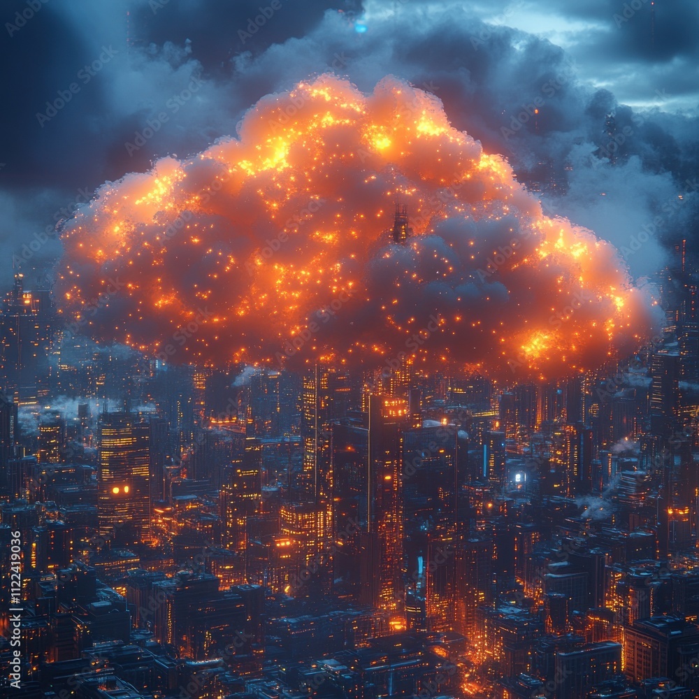 Obraz premium A dramatic cityscape under a fiery, cloud-filled sky, suggesting chaos and destruction.