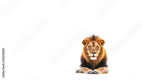 Full body lion front view portrait, lying down, isolated on white background. wild male carnivore predator cat animal with mane, africa jungle king, danger, power, big, resting and relaxing. photo