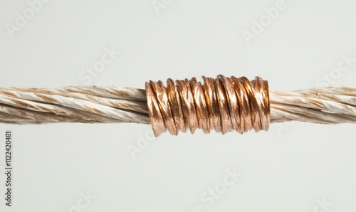A close-up of twisted rope with copper wire wrapped around it.