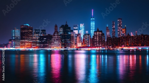 Wallpaper Mural Vibrant skyline at night showcasing skyscrapers and colorful reflections on water. Torontodigital.ca