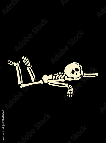Human Skeleton Lying Down. Human Skeleton Posing. Spooky Illustration for Halloween. Black Background. Suitable for Greeting Cards, Invitations, for printing on Textiles, and More