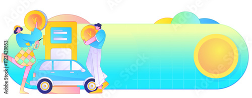 Vector Internet operation hand-drawn illustration of people getting discounts for refueling their cars
