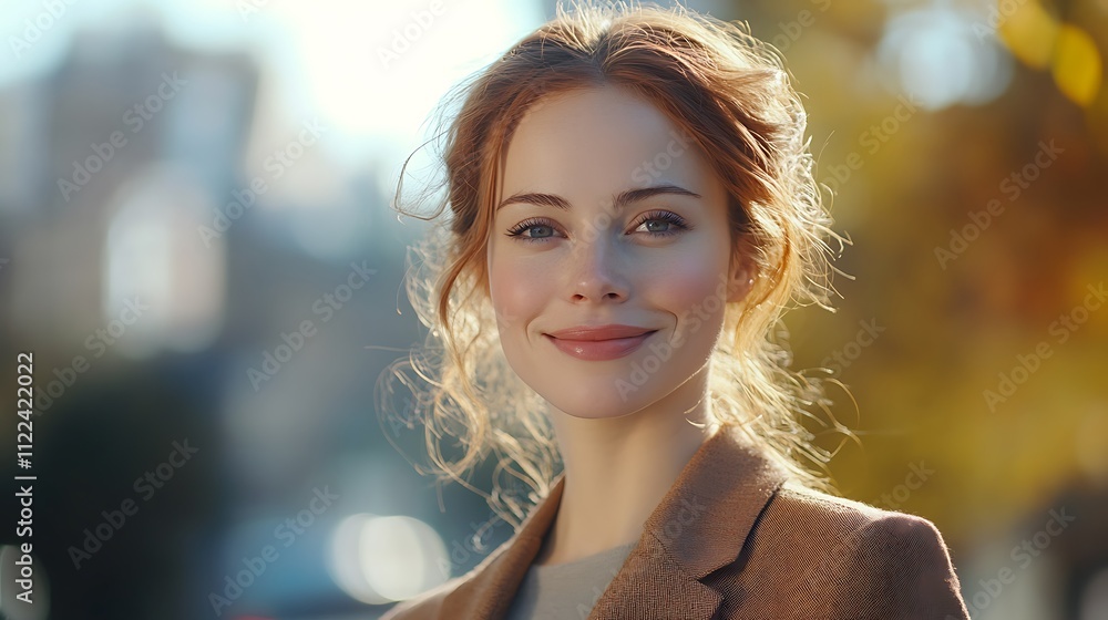 Obraz premium Joyful woman smiling outdoors city park portrait photography autumn