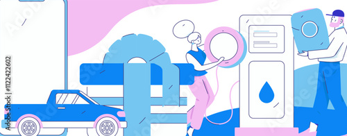 Vector Internet operation hand-drawn illustration of people getting discounts for refueling their cars
