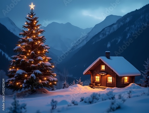 Christmas tree stands in the snow next to a lonely romantic hut in the mountains