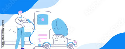 Vector Internet operation hand-drawn illustration of people getting discounts for refueling their cars
