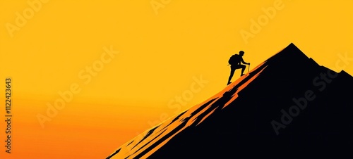 Conquering the Summit: A Silhouette of a Hiker Ascending a Mountain at Sunset