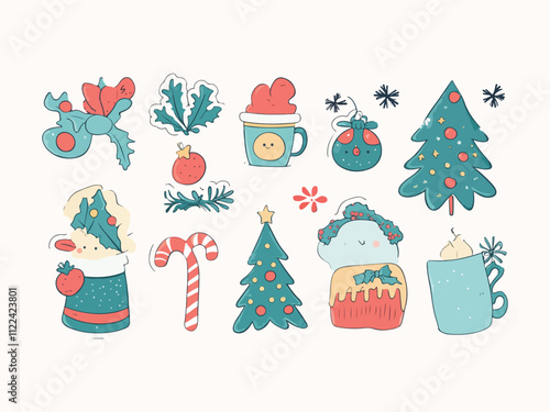 Set of vector Christmas icons elements design Gift box Stocking Wreath cookies Christmas tree candy cookies showman house Deer