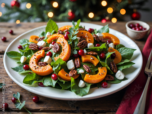 Colorful autumn salad with pumpkin, berries, and pecans on a rustic wooden table, photography of still life concept.