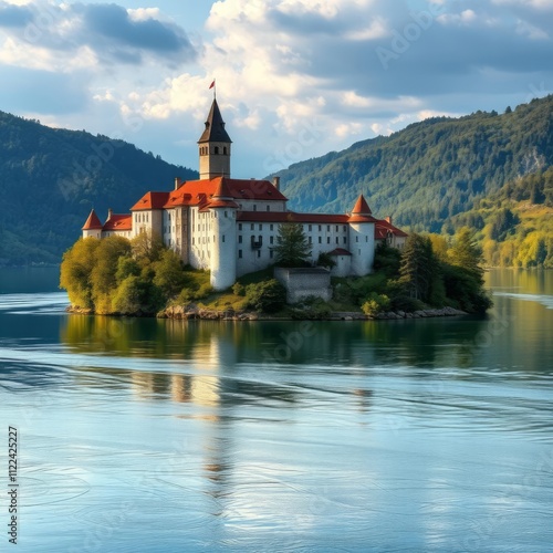 Beautiful romantic castle on the island medieval grad otocec in krka river slovenia River landscapes Ultra realistic Photorealistic landscape photographywater travel sky beautiful tourism outdoor photo