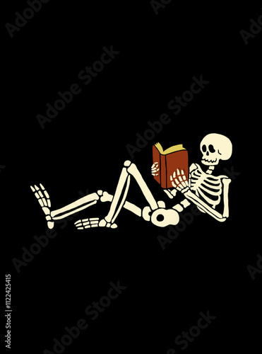 Human Skeleton Reading a Book. Human Skeleton Posing. Spooky Illustration for Halloween. Black Background. Suitable for Greeting Cards, Invitations, for Printing on Textiles, and More.