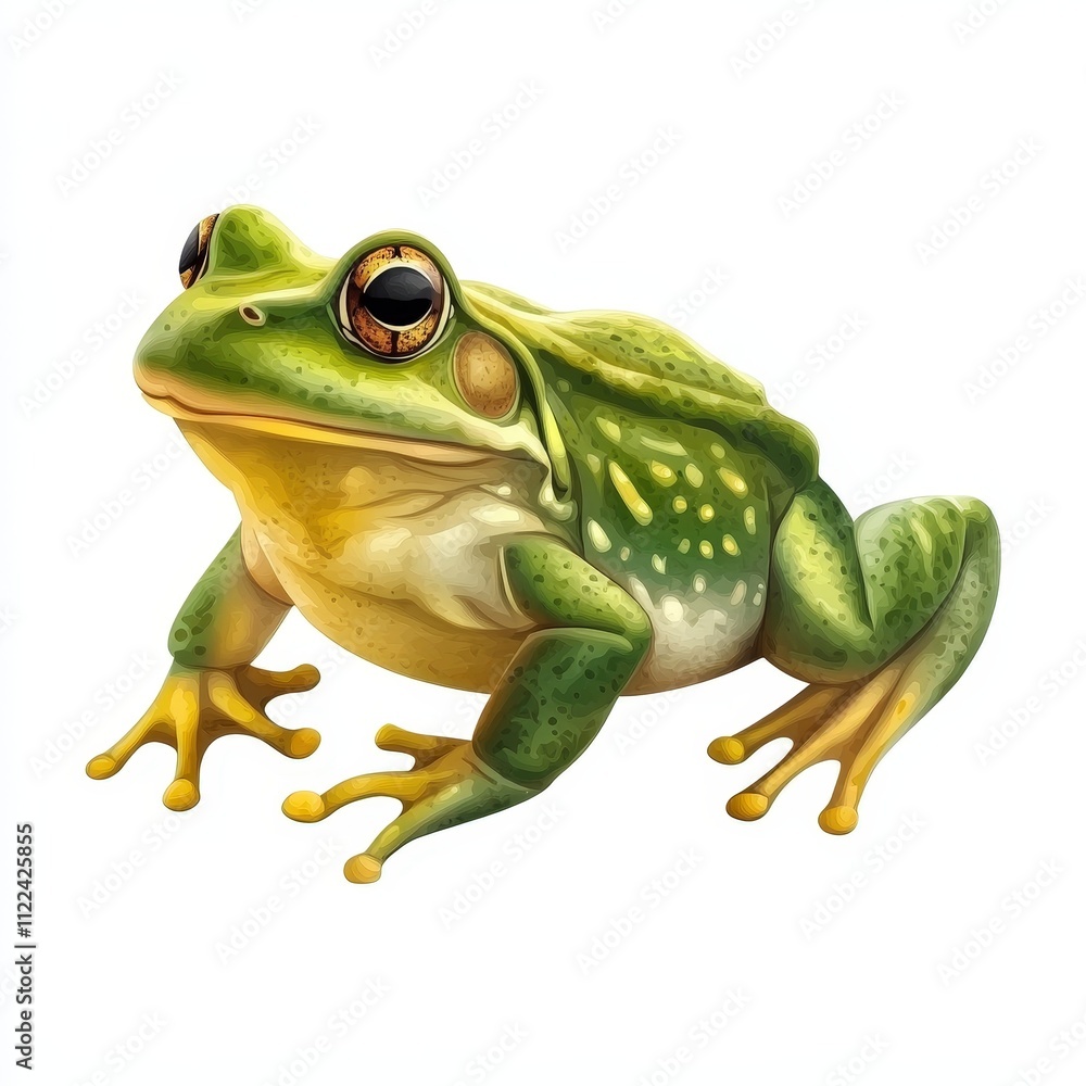 Obraz premium Realistic illustration of a vibrant green frog with glossy eyes sitting on a white background, showcasing detailed textures and lively colors for nature enthusiasts.