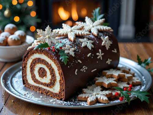 Festive chocolate yule log with icing decorations and holiday cookies by the cozy fireplace, photography of still life concept. photo