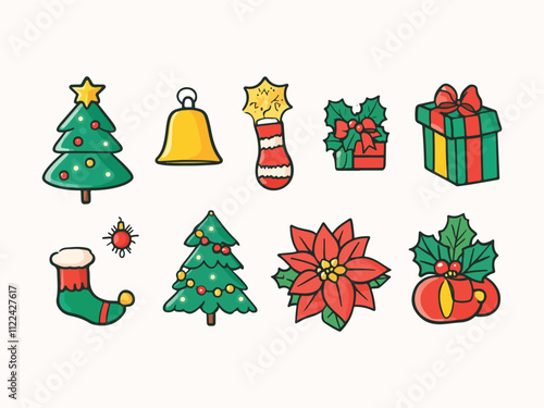 Set of vector Christmas icons elements design Gift box Stocking Wreath cookies Christmas tree candy cookies showman house Deer