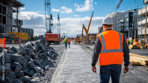 Construction Worker in High Visibility Vest on Busy Site Overlooking Machinery, Cranes and Equipment under Blue Sky with Clouds, Ensuring Safety and Efficiency in Urban Development photo