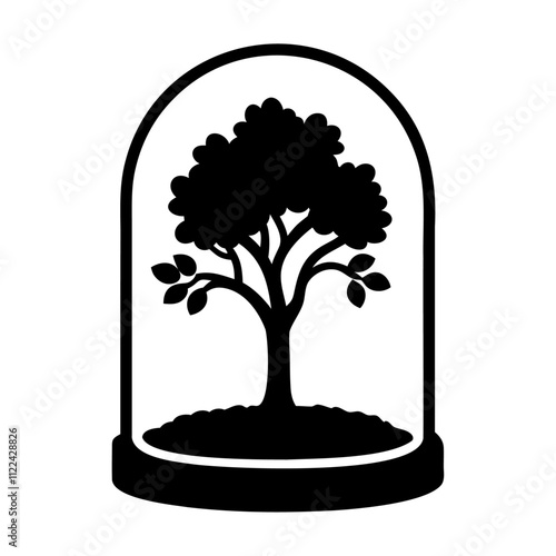 Black silhouette style big tree in a transparent glass vector icon design