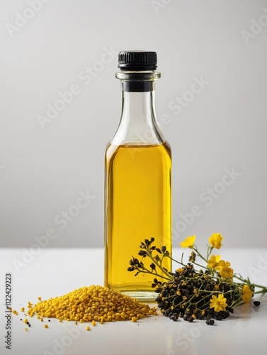 A tall, clear glass bottle filled with rich golden-yellow mustard oil, positioned on a clean white surface.