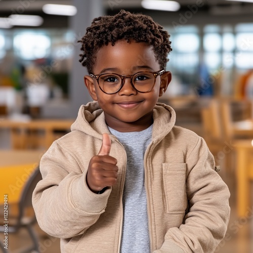 Happy boy with glasses giving thumbs up.