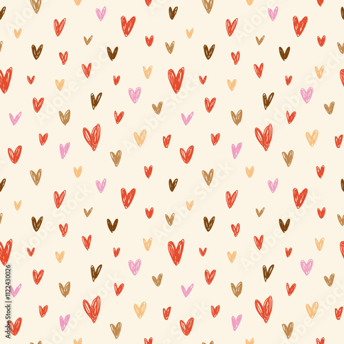 Seamless pattern with doodle hearts in red, pink, and brown, scattered across a cream white background. Perfect for Valentine's day designs, wrapping paper, or romantic themes.