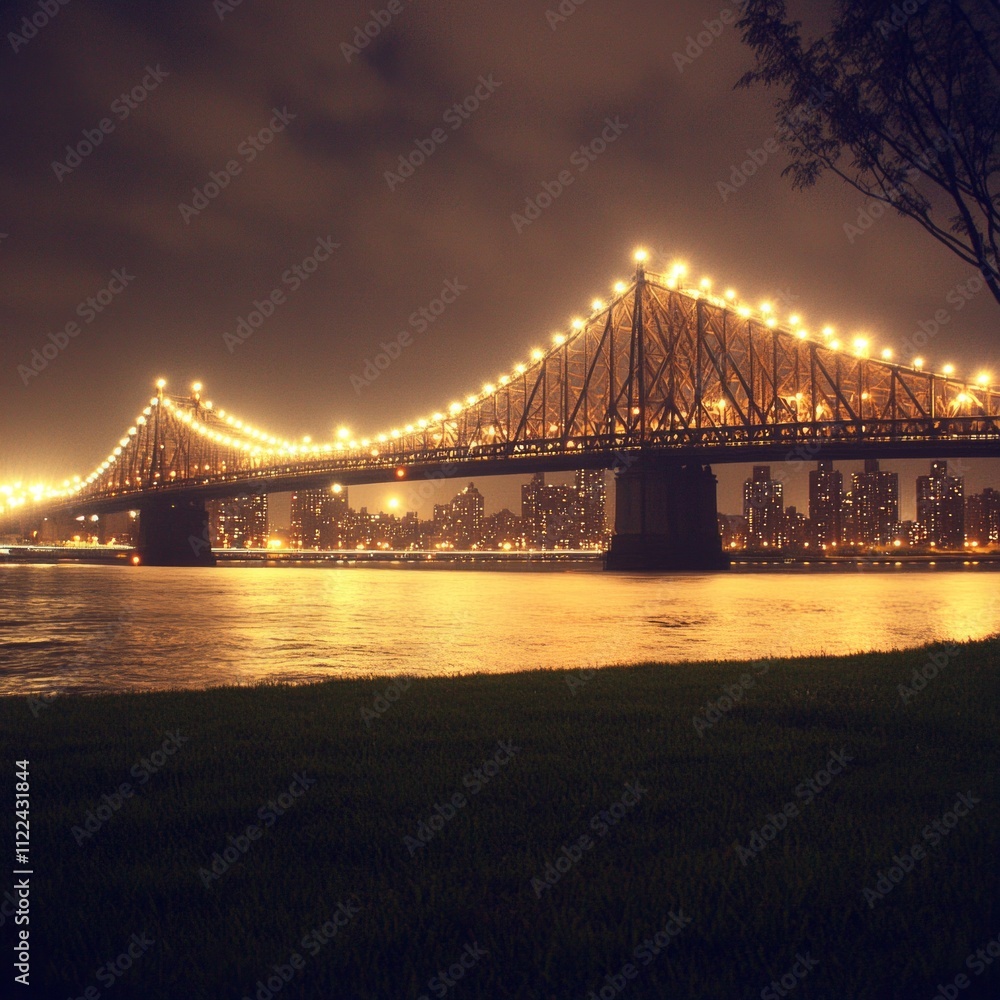 Obraz premium Illuminated bridge at night over calm water with city skyline.