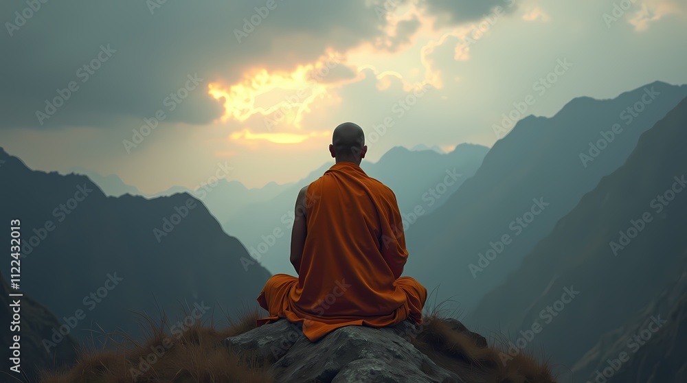 Fototapeta premium Orange robed monk meditating in the mountains of Tibet