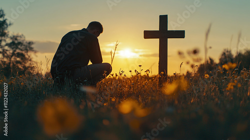 Silhouette of man kneeling near the wooden christian cross on a nature meadow grass field outdoor at sunset. religion faith belief repentance prayer, forgiveness hope in jesus christ, salvation.