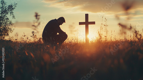 Silhouette of man kneeling near the wooden christian cross on a nature meadow grass field outdoor at sunset. religion faith belief repentance prayer, forgiveness hope in jesus christ, salvation.