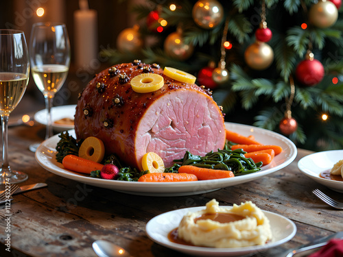 A glorious holiday dinner display with glazed ham and seasonal sides on a rustic table, photography of still life concept.