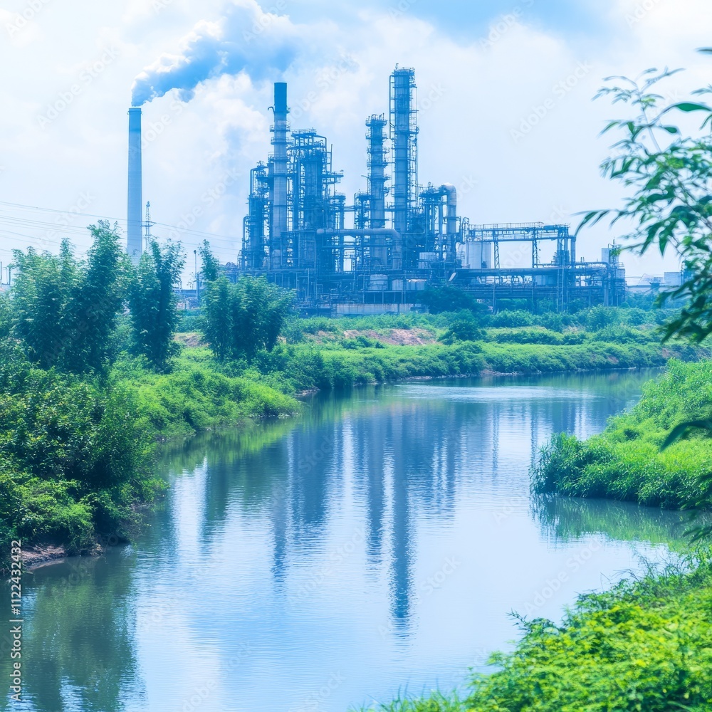 Obraz premium Industrial plant reflected in calm river, surrounded by lush green vegetation.