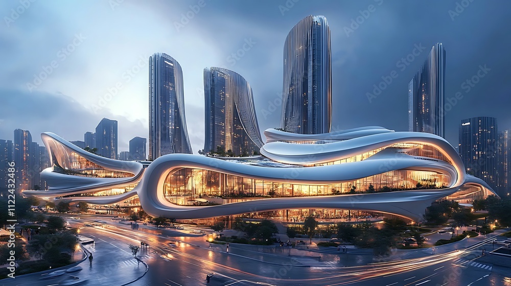 Naklejka premium Showcasing futuristic cityscape digital evening architecture