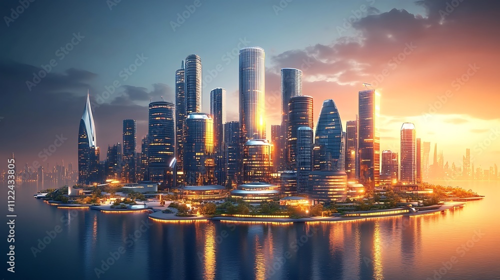 Obraz premium Tranquil waters at sunset modern urban skyline digital art