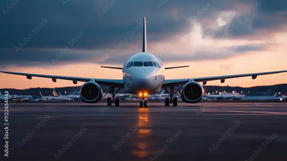 Obraz premium Commercial Aircraft on Runway at Sunset with Dramatic Sky and Airport Background, Capturing the Essence of Air Travel and Modern Aviation Technology