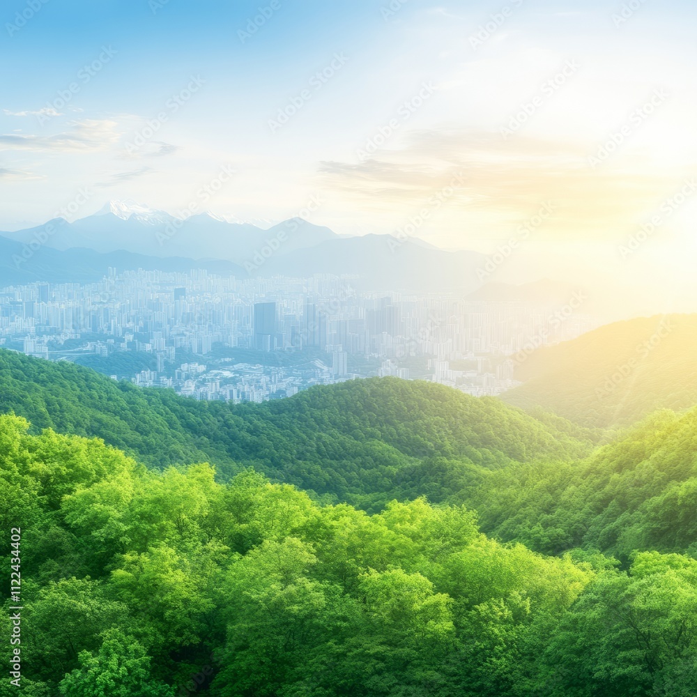 Fototapeta premium Lush green hills overlooking a hazy city at sunrise.