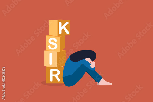 young woman sad sitting side RISK block. concept of Debt or NPL problem, loan or lending crisis, overspending mistake causing debt burden, recession or bankruptcy, credit default