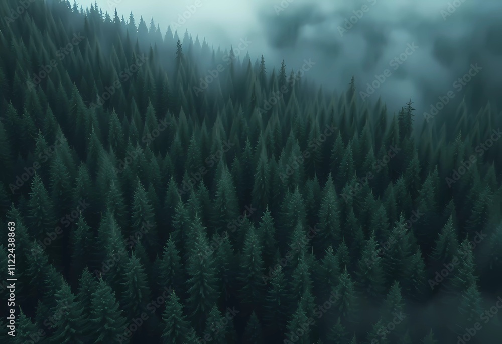 Fototapeta premium Misty Forest with Tall Trees in a Foggy Landscape