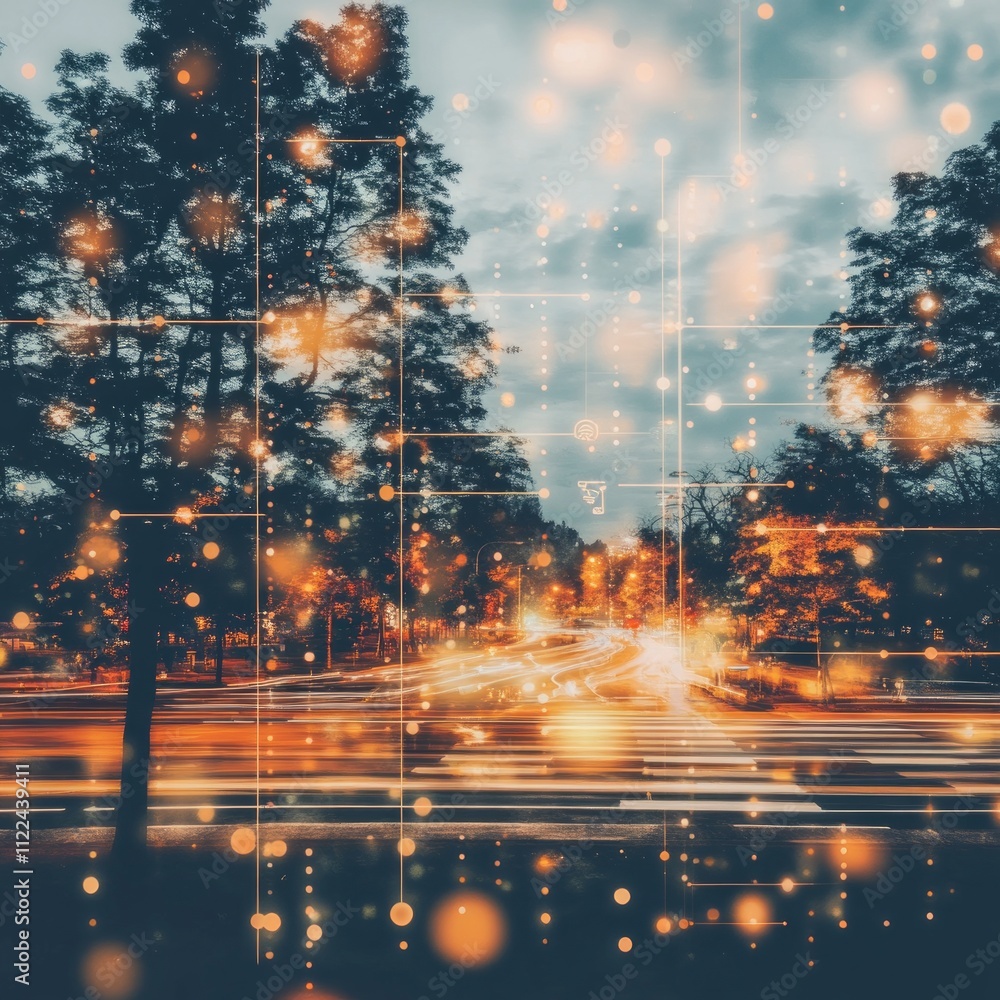 Fototapeta premium Night city street with bokeh lights and trees.