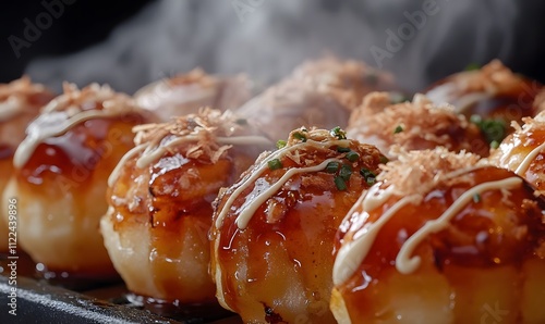  A close-up of freshly made takoyaki, Generative AI  photo