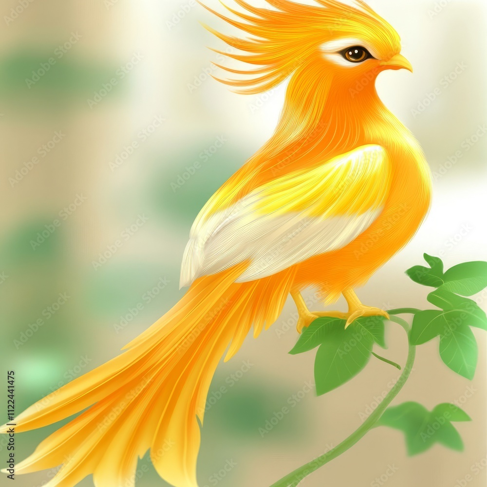 Obraz premium Orange bird perched on a green vine.