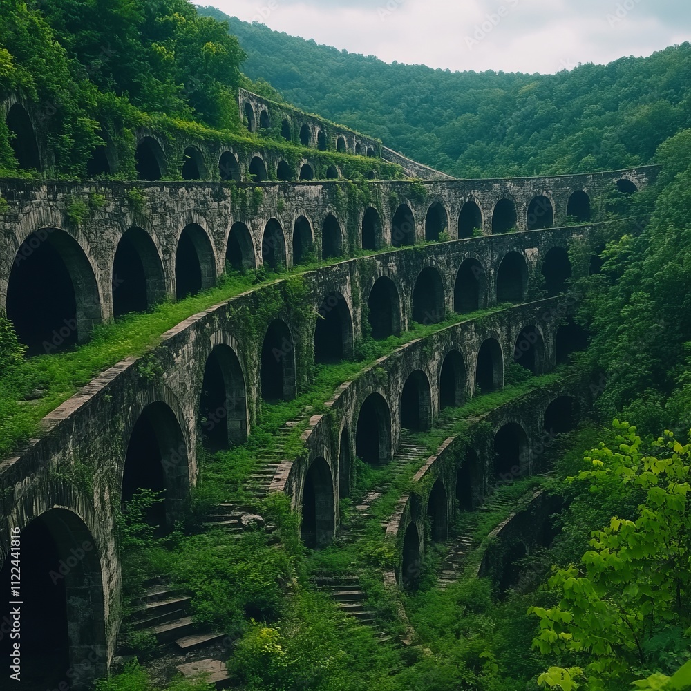 Obraz premium Overgrown stone archways cascade down a hillside, nestled within lush green foliage.