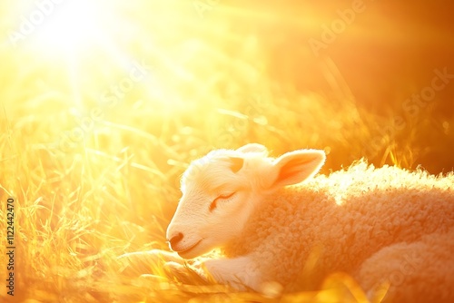 A sheep is laying in the sun, looking up at the sky