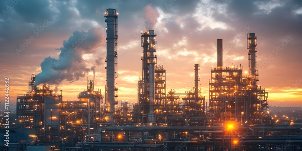 Obraz premium Factory at night, Smoke billows from chimneys under a dusty grey sky, with yellow-orange lights reflecting off the smog. The scene highlights air pollution, perfect for environmental campaigns.