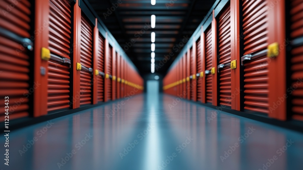 Obraz premium Interior View of a Modern Storage Facility with Rows of Metal Lockers and Bright Overhead Lights