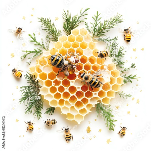 Bees on honeycomb surrounded by green leaves, highlighting nature's beauty. photo