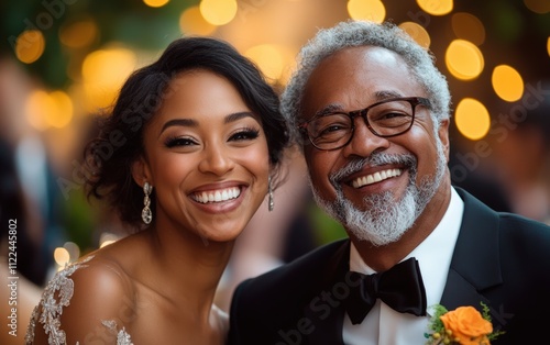 A bride and her father share a joyous moment, beaming with happiness and love at her wedding reception.  Pure heartfelt joy! photo