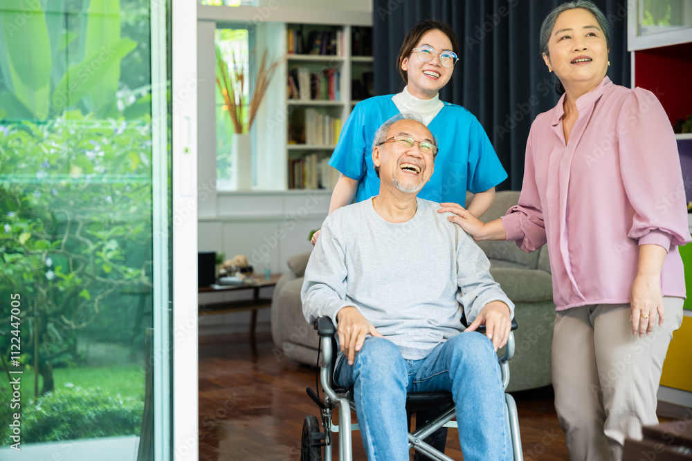 Obraz premium Asian old man on wheelchair with couple and nurse relaxing walking at home, healthcare medical service at nursing home, Happy nurse and wife support retirement senior elderly man