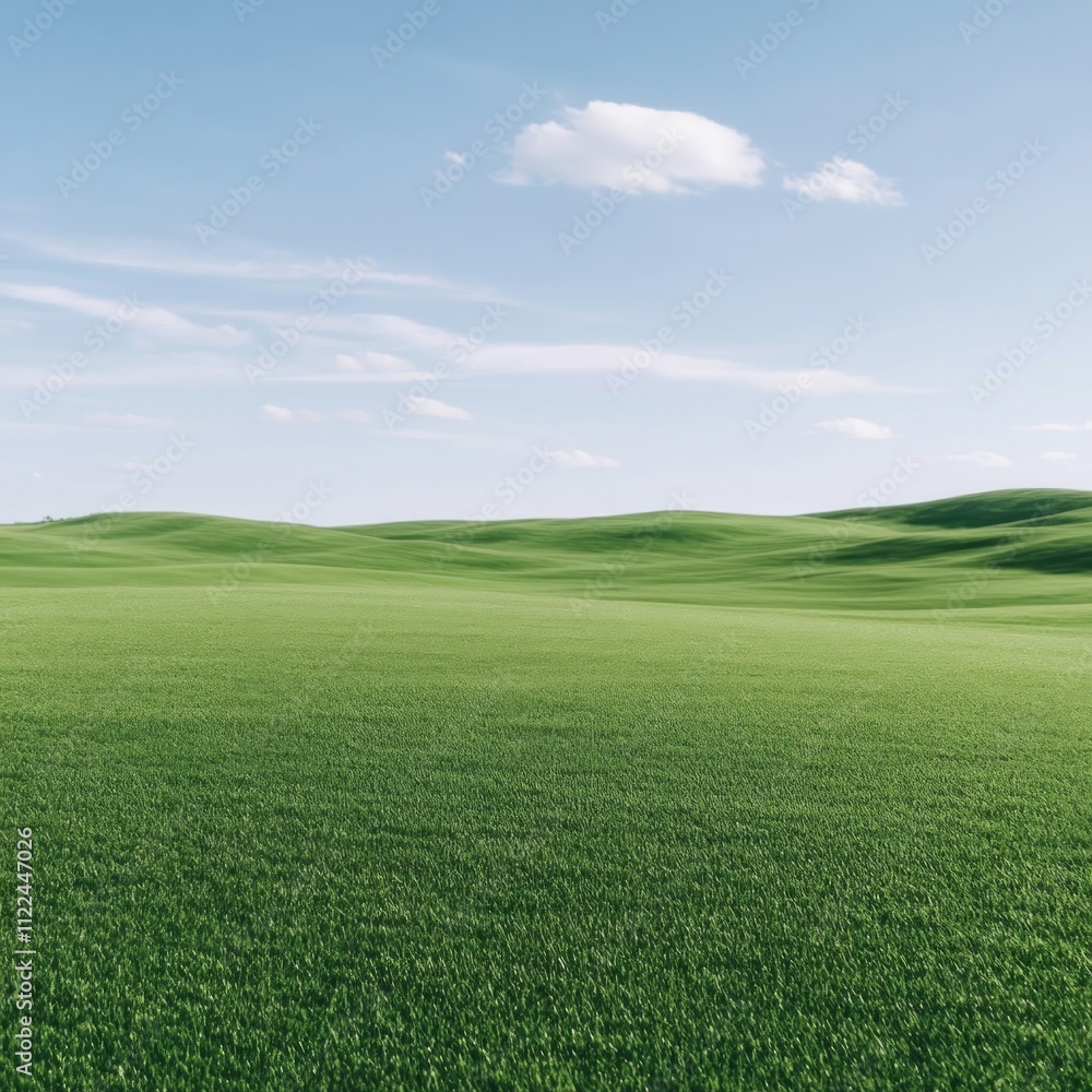 Fototapeta premium Serene rolling hills of lush green grass under a bright blue sky with a few fluffy clouds.
